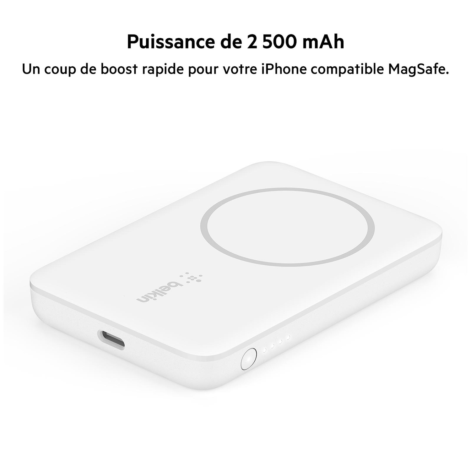Batterie externe blanche avec un cercle de charge. L'appareil blanc a un logo Belkin et un port USB-C.