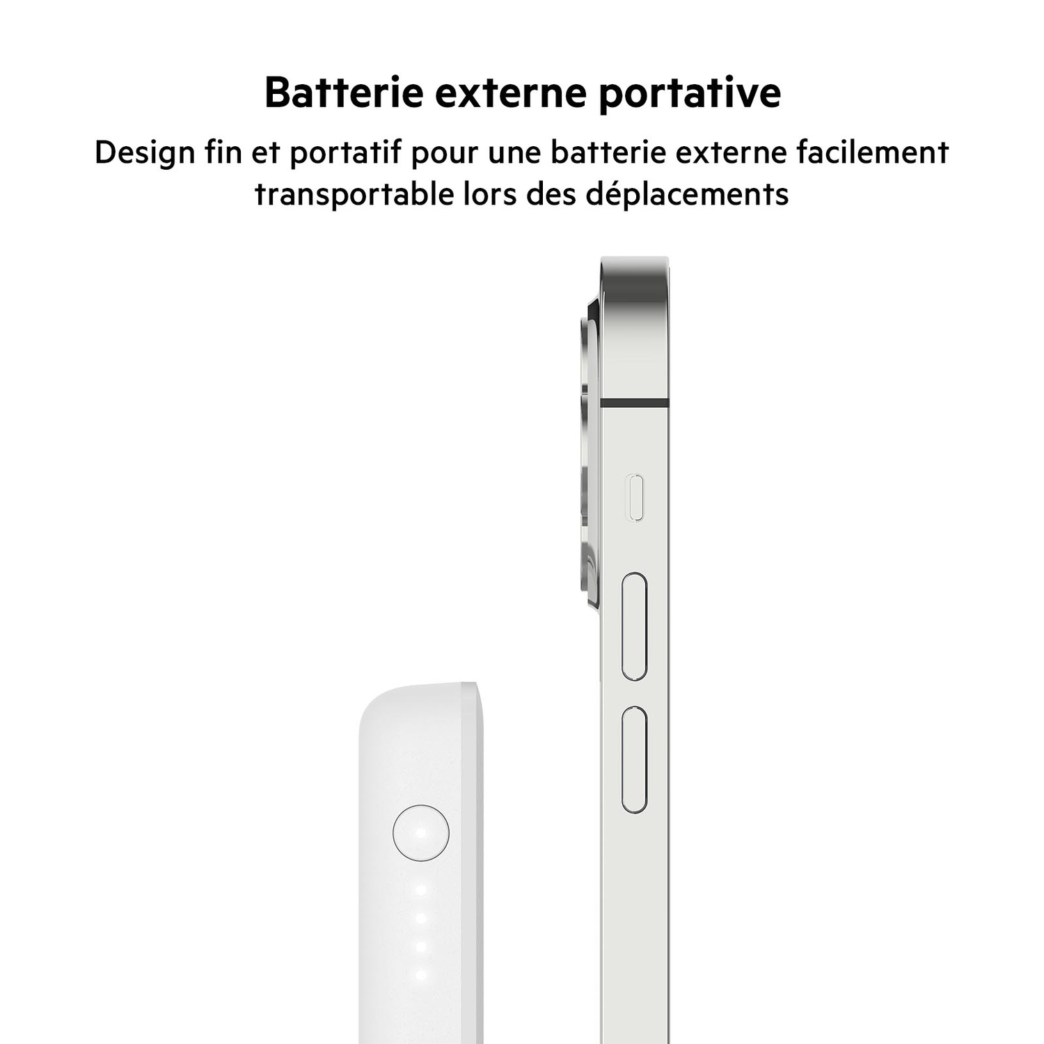 Téléphone à côté d'un chargeur portable blanc avec du texte sur son design.