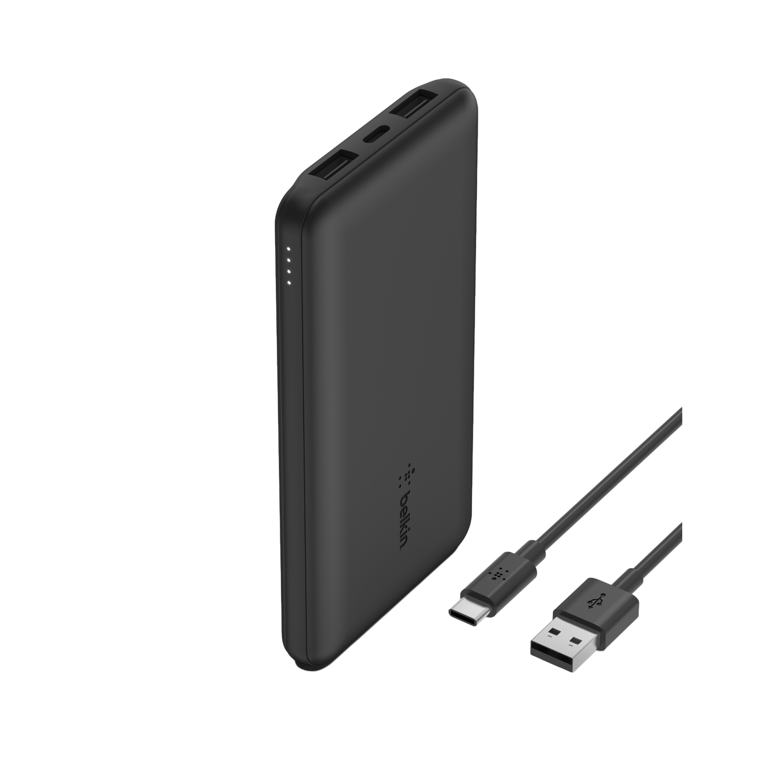 Batterie externe Belkin noire avec deux ports USB et deux câbles USB-C sur fond noir.