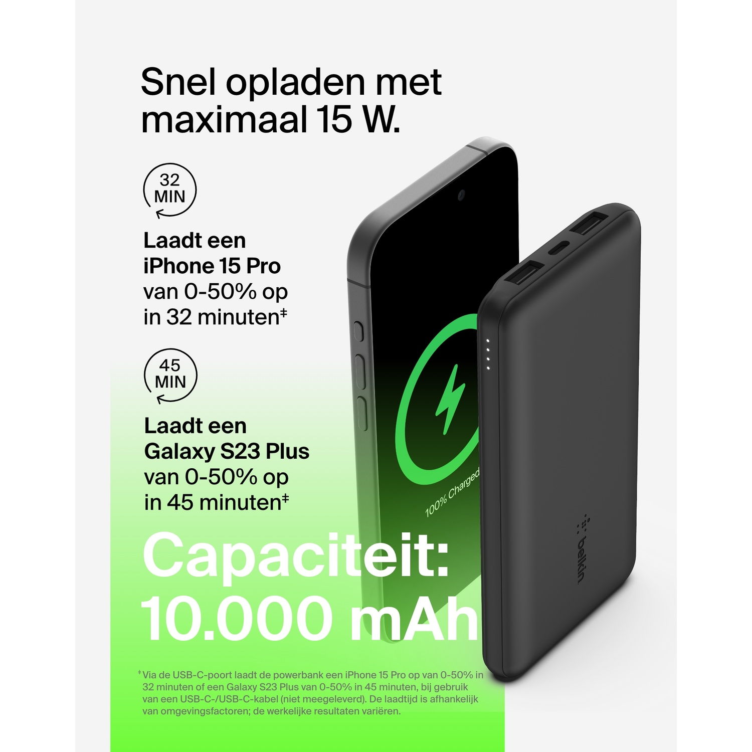 Two power banks, one black and one black with a phone charging on a white background.
