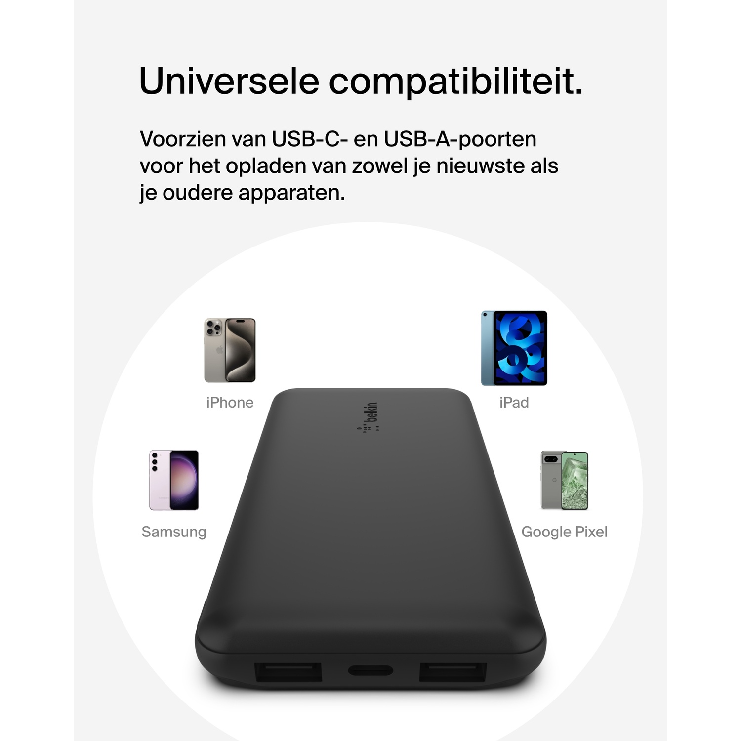 Black power bank with USB-C and USB-A ports, with phones and a tablet on a white background.