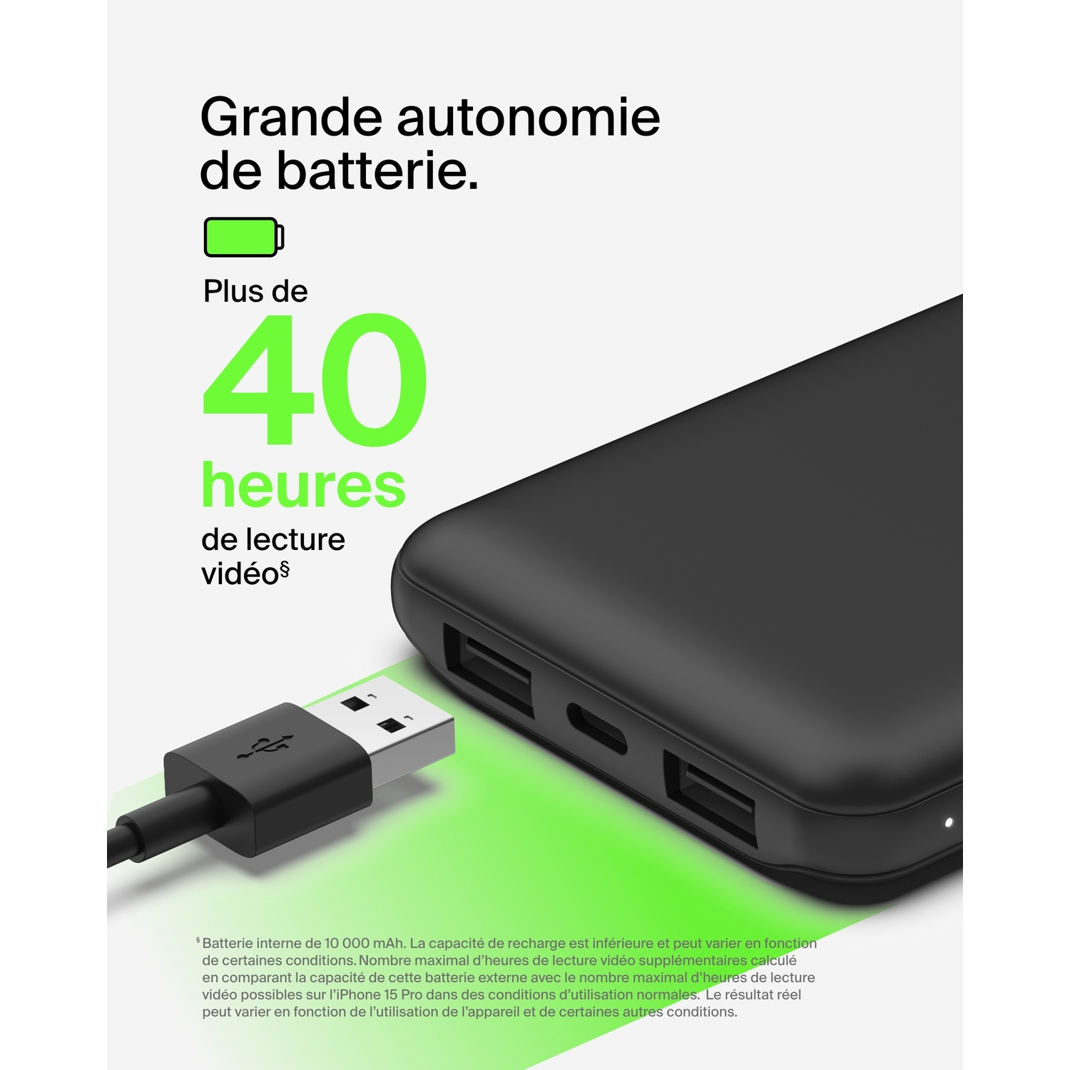 Batterie externe noire avec un câble USB branché, avec du texte et un dégradé vert.