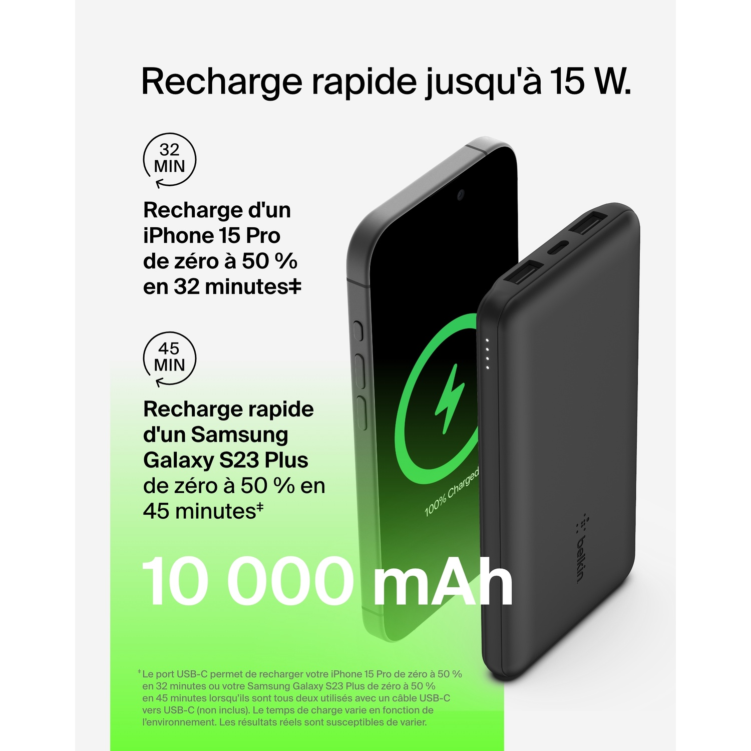 Batterie externe noire et un téléphone avec un indicateur de charge, montrant les temps de charge.