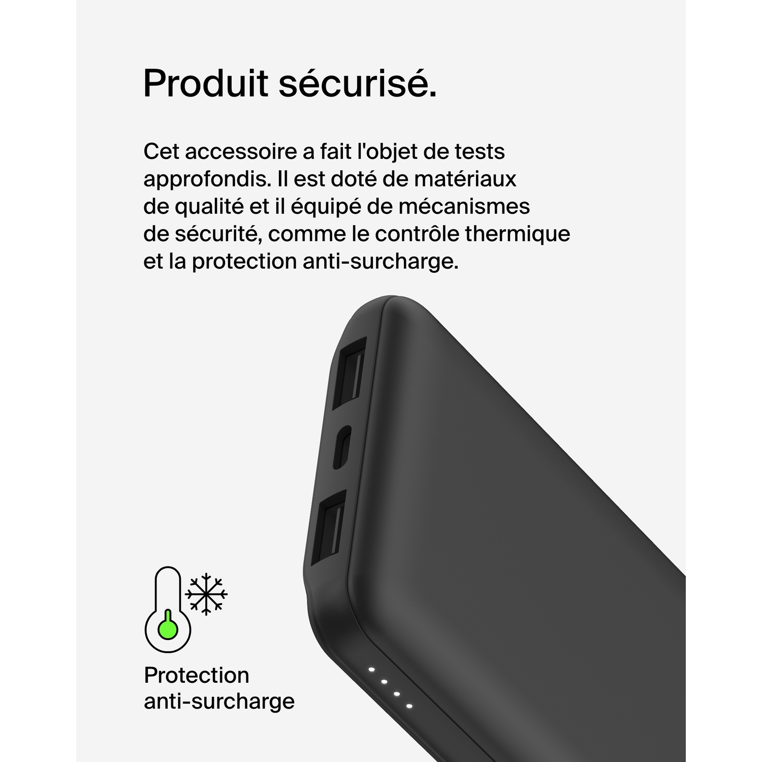 Batterie externe noire avec deux ports USB. Icône flocon de neige et thermomètre vert à gauche.