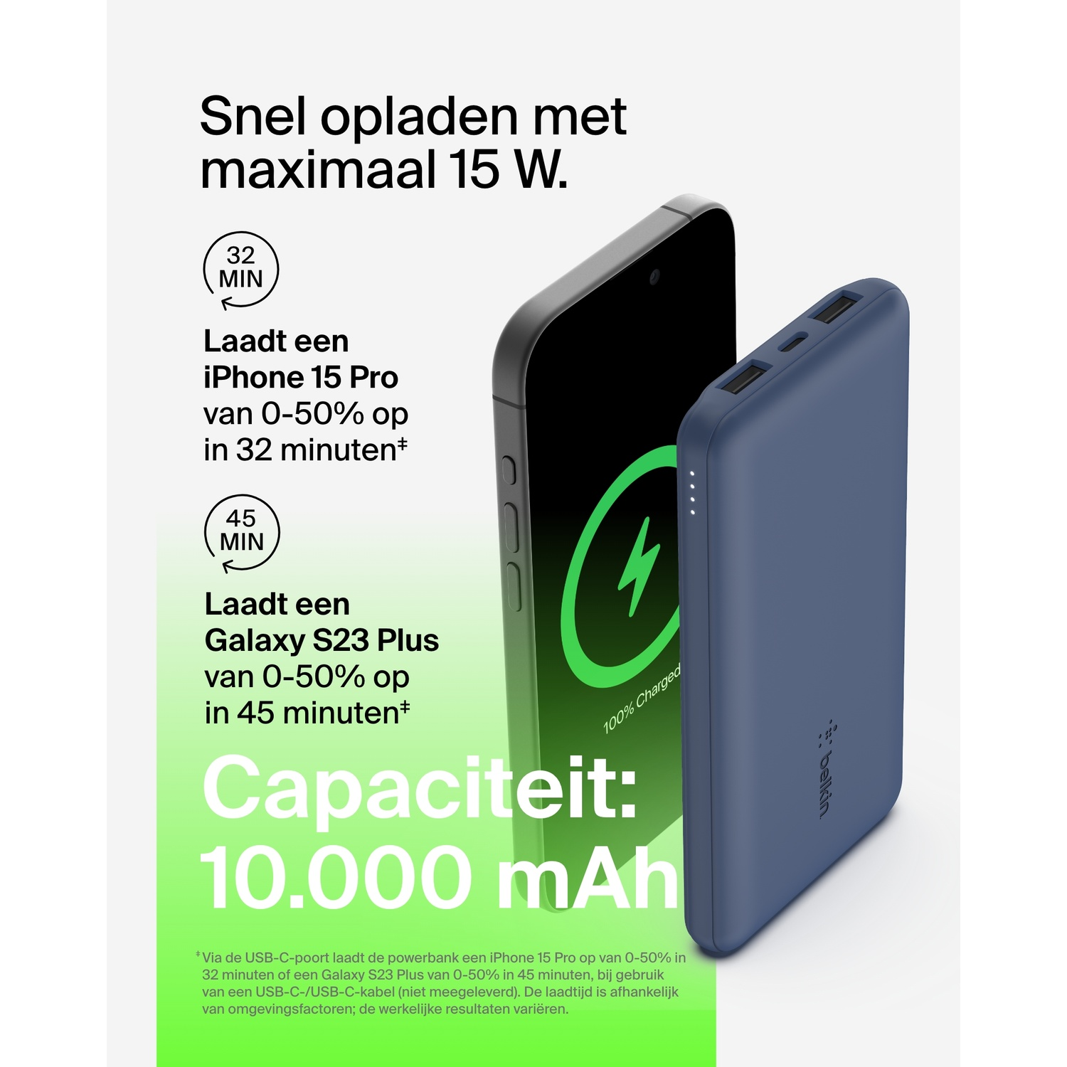 Zwarte telefoon draadloos opladen met een blauwe powerbank. Tekst over snel opladen.