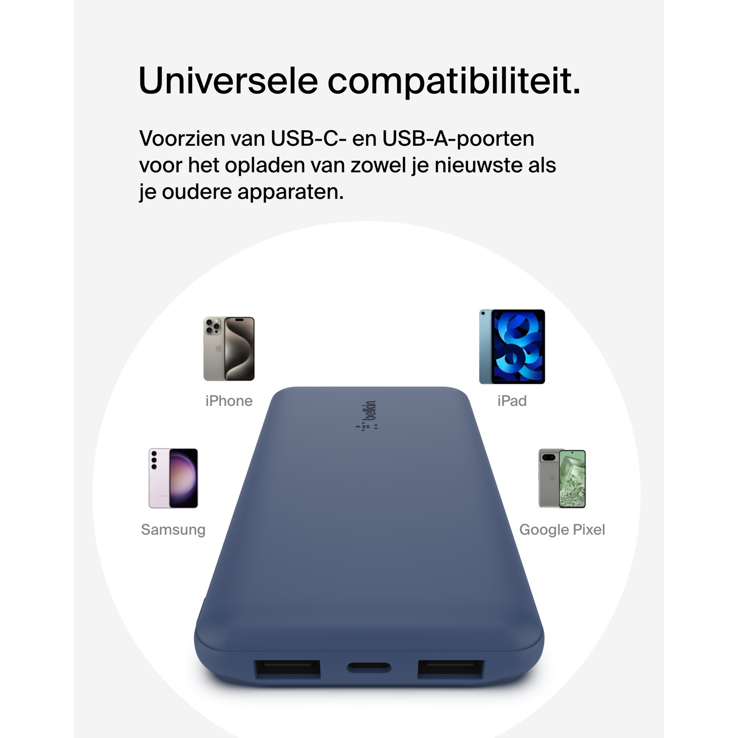 Blauwe powerbank met pictogrammen van meerdere apparaten: iPhone, Samsung, iPad en Google Pixel.