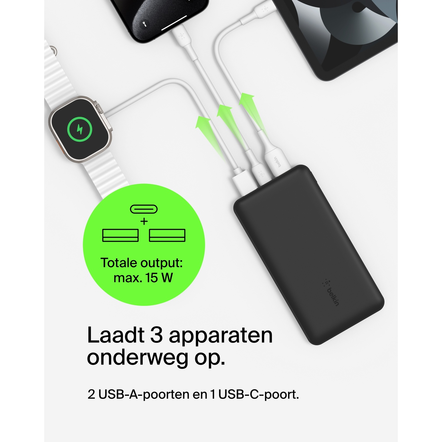 Black power bank charging three devices. Green arrows pointing to the devices. 15W total output.