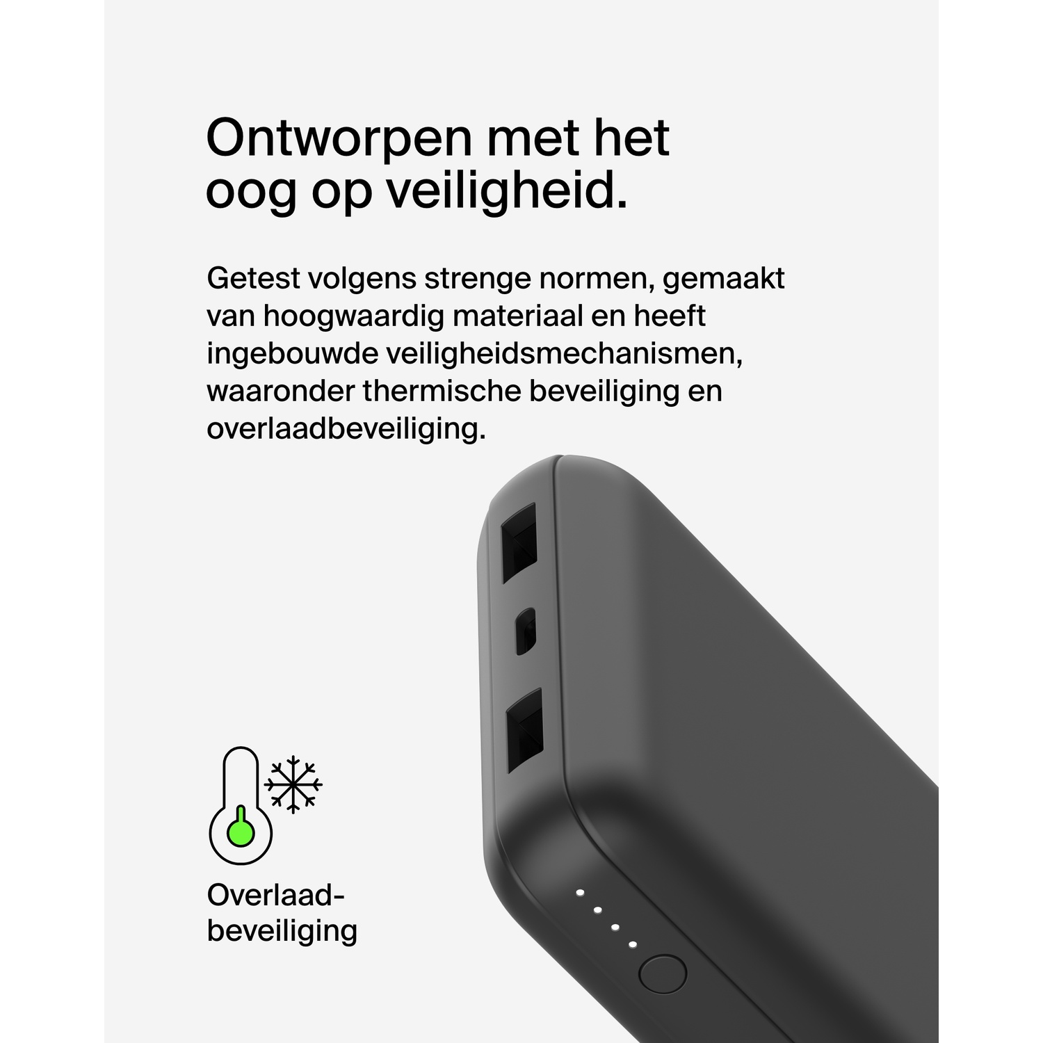 Black power bank with charging port and light indicators, white background.