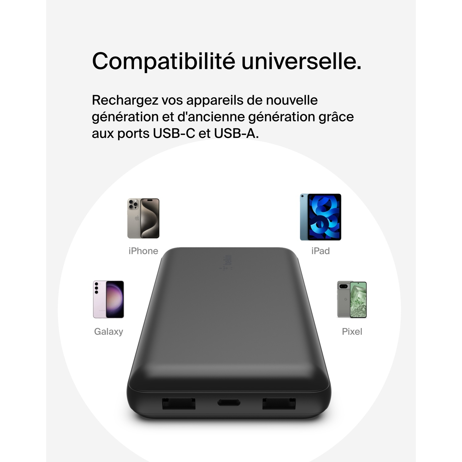 Batterie externe noire avec ports USB. Différents téléphones et une tablette en arrière-plan.