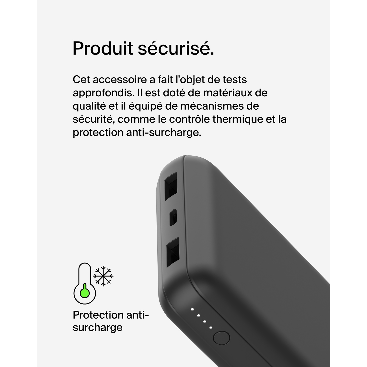 Batterie externe noire avec ports de charge. Texte : 'Produit sécurisé' et fonctions de sécurité.
