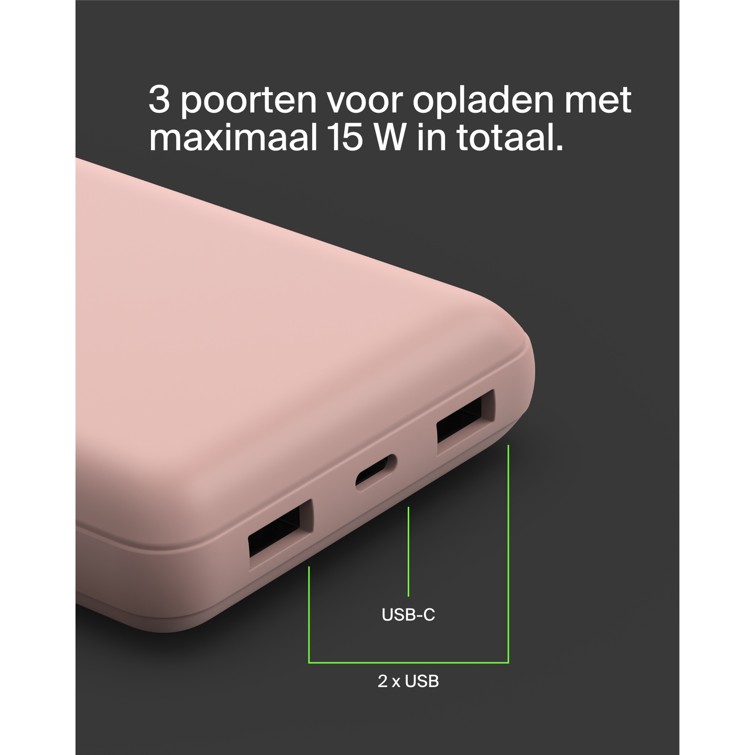 Een roze powerbank met een USB-C-poort en twee USB-poorten, met tekst van 15W.