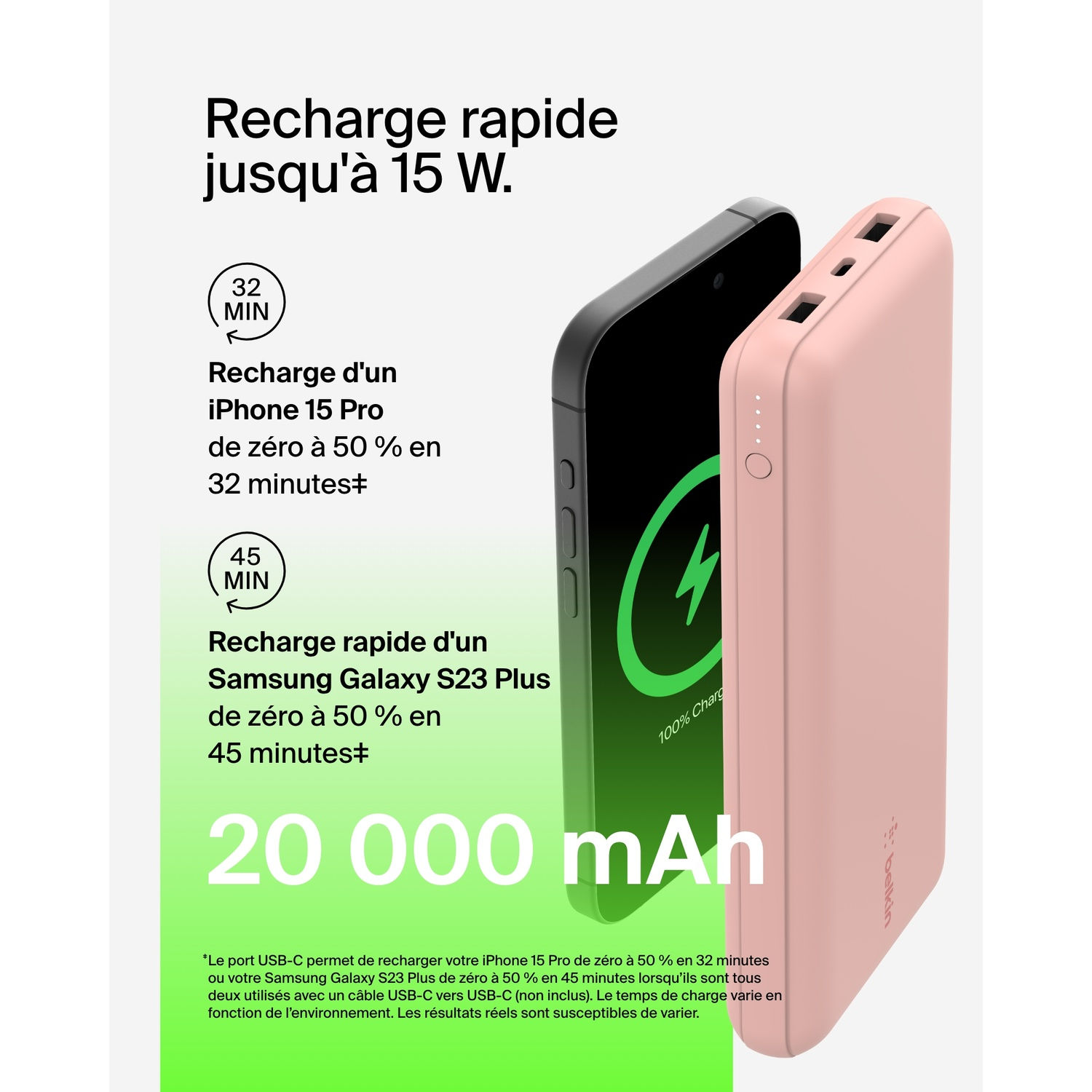 Image montre deux batteries externes, une noire et une rose. Le texte mentionne une charge rapide jusqu'à 15W.