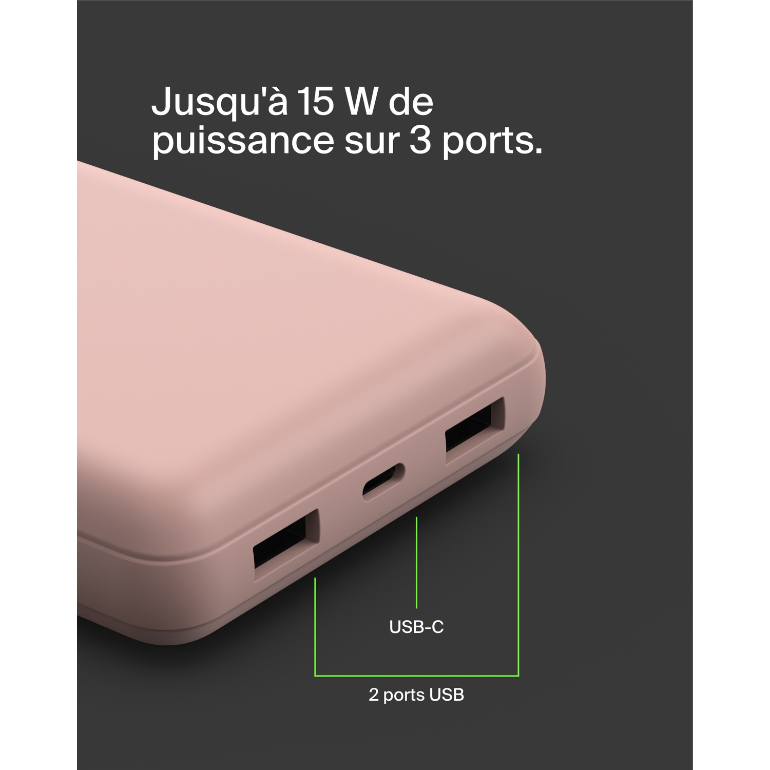 Power bank avec USB-C et 2 ports USB, texte : 'Jusqu'à 15 W de puissance sur 3 ports'.