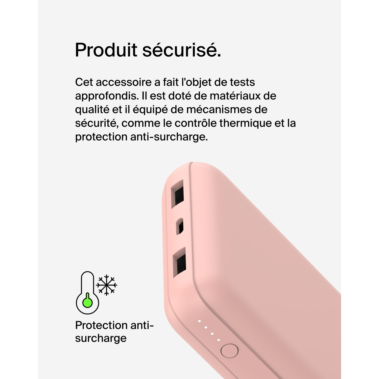 Une batterie externe rose avec texte et graphique pour la sécurité. Fond blanc.