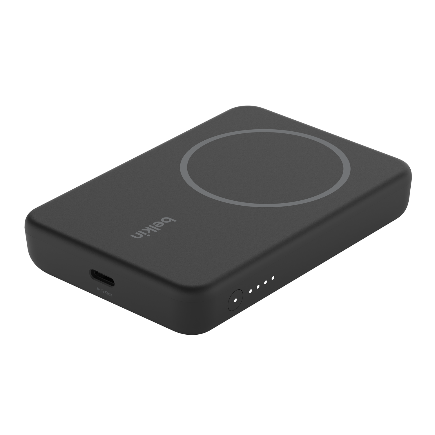 Une batterie externe Belkin noire avec un cercle de chargement en haut et des voyants sur le côté.