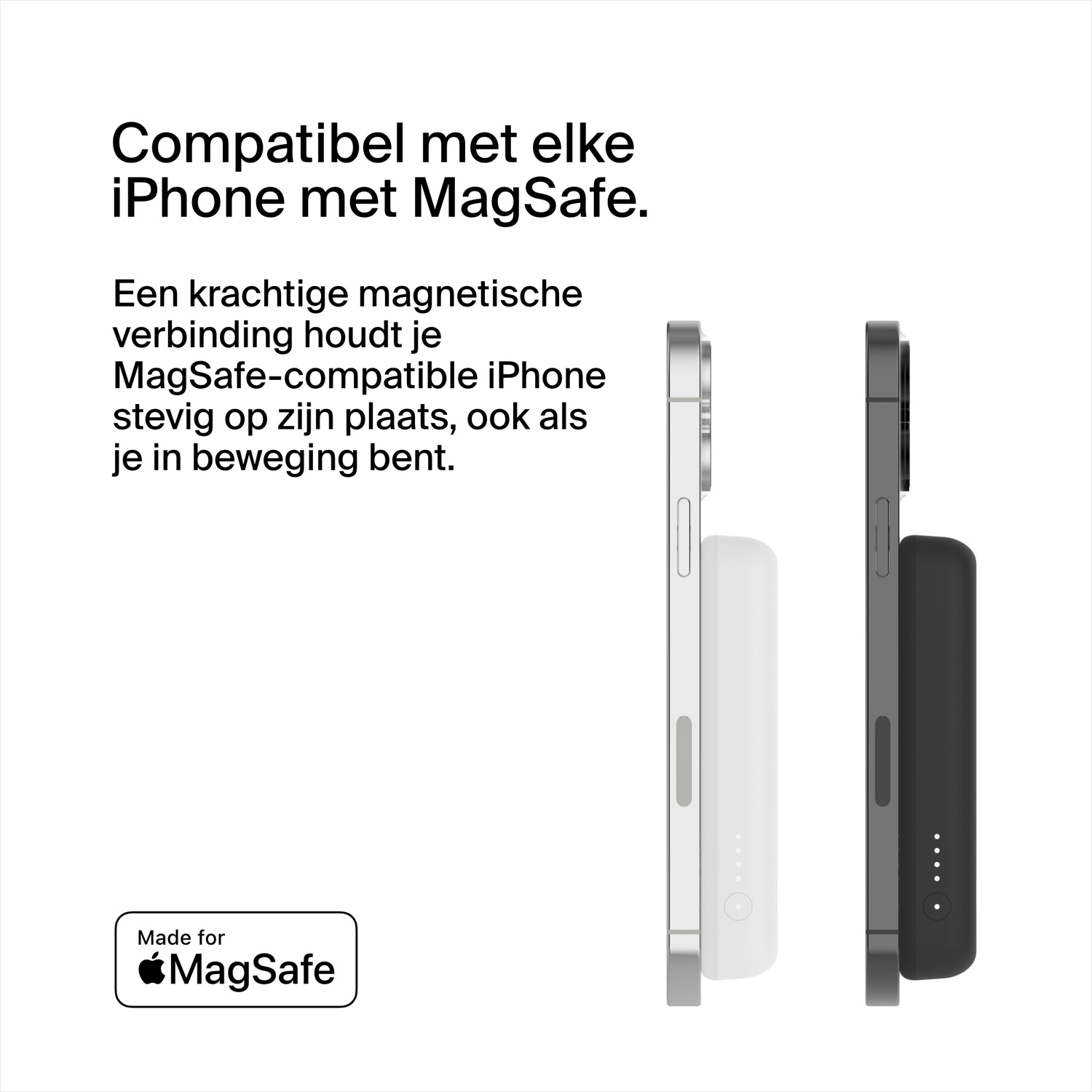 Twee iPhones met een witte en zwarte MagSafe powerbank, tekst bovenaan en een logo onderaan.