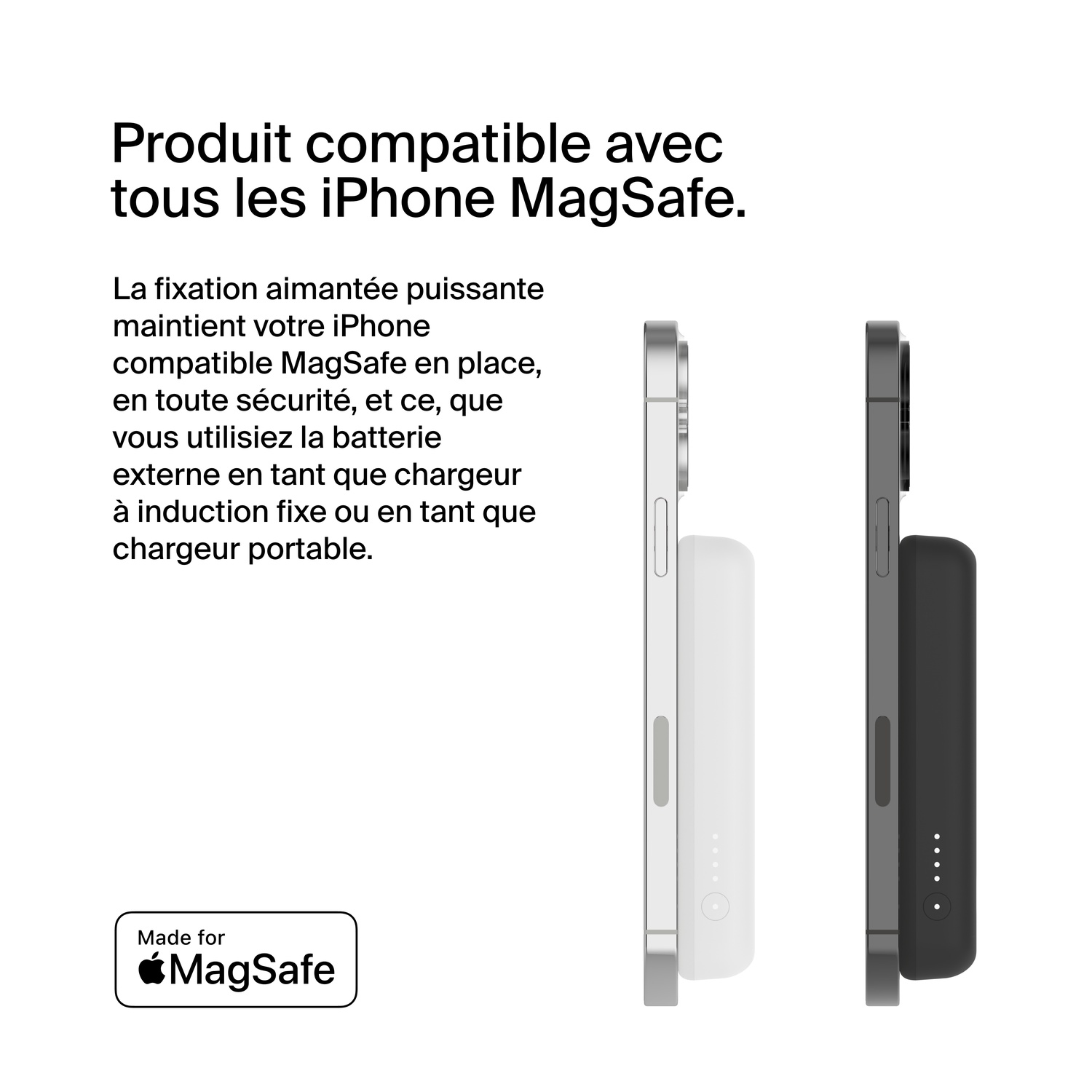 Deux téléphones avec batterie externe attachée. L'un est blanc, l'autre noir. Le texte indique produit compatible.