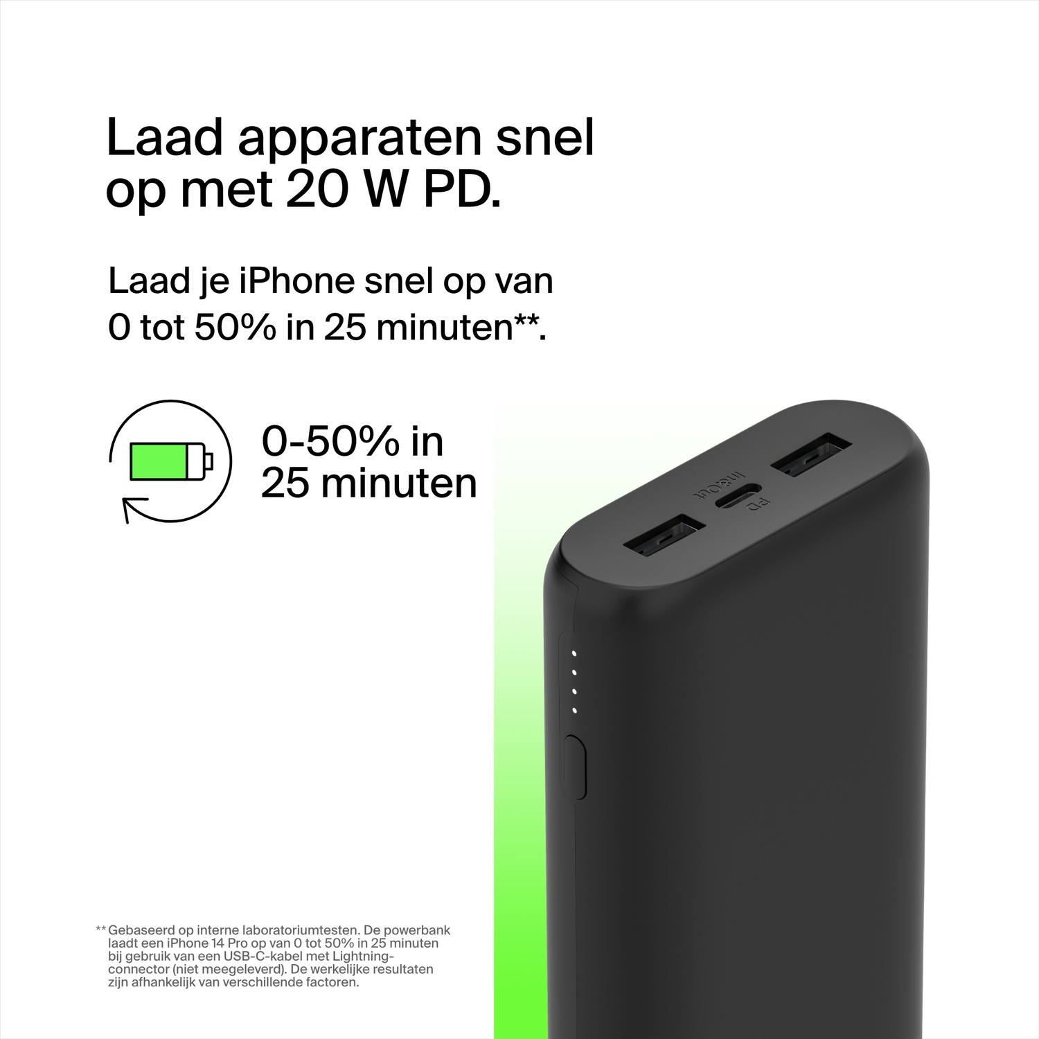 A black power bank with charging ports. It charges an iPhone 14 Pro from 0 to 50% in 25 minutes.