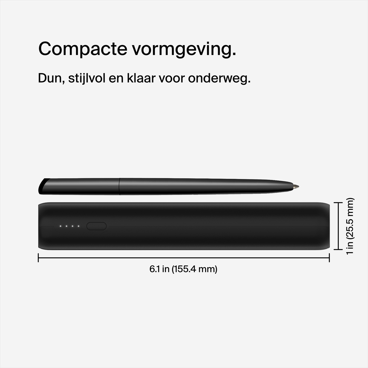 Black stylus pen and a black power bank, with dimensions in inches.