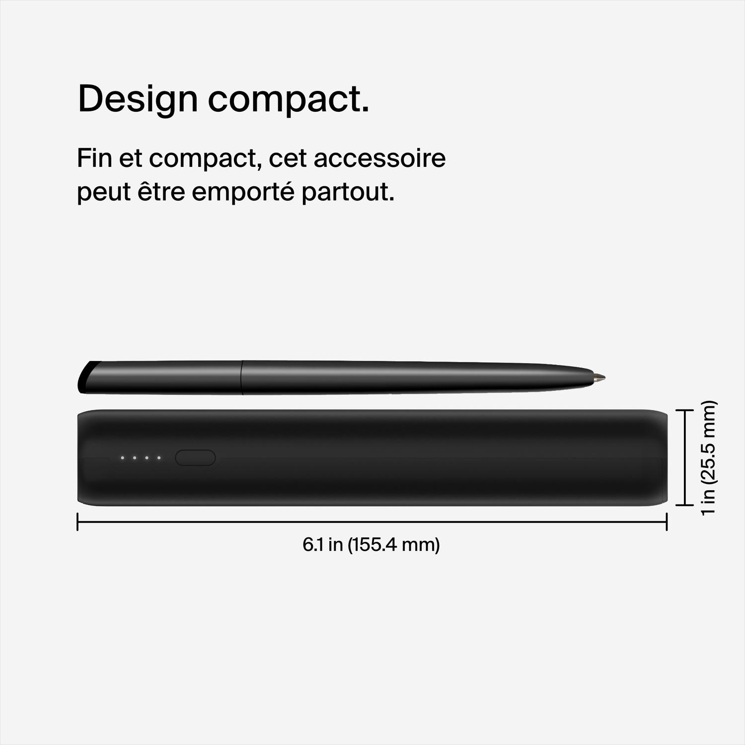 Stylo noir et appareil de charge avec dimensions en mm et pouces. Texte sur design compact.