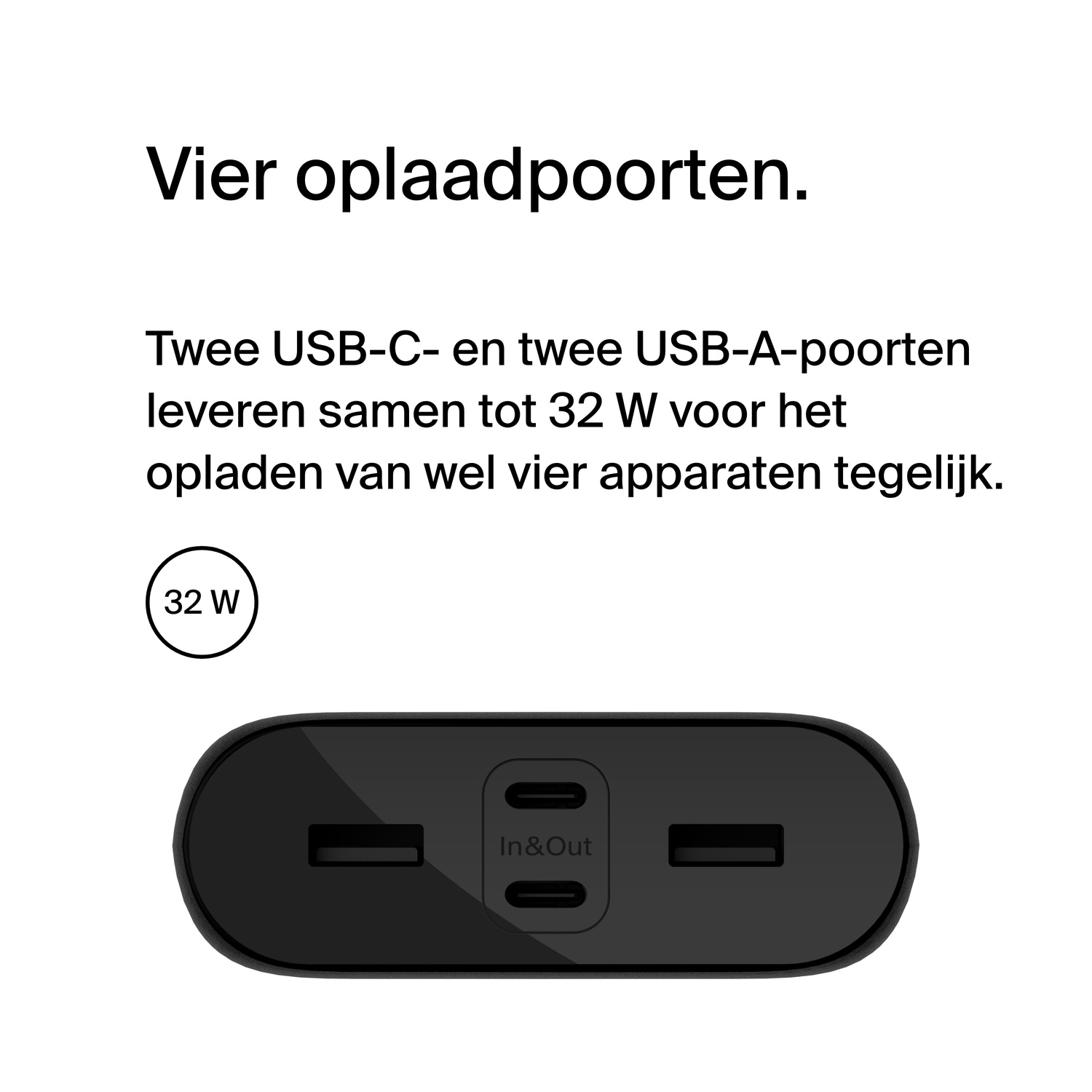 Black power adapter with two USB-C and two USB-A ports. 32W is indicated.