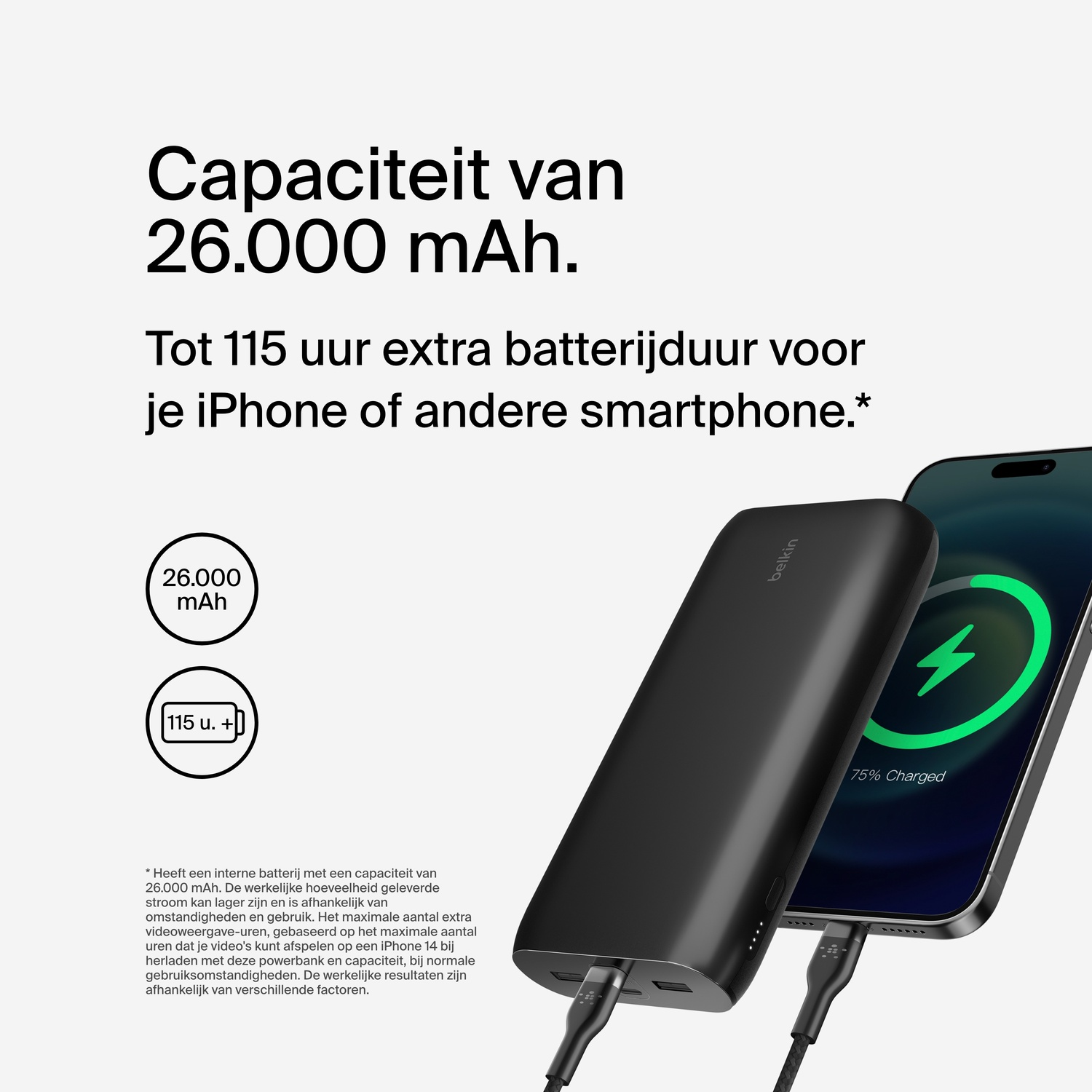 A black power bank charging a phone, with text about battery capacity on a white background.