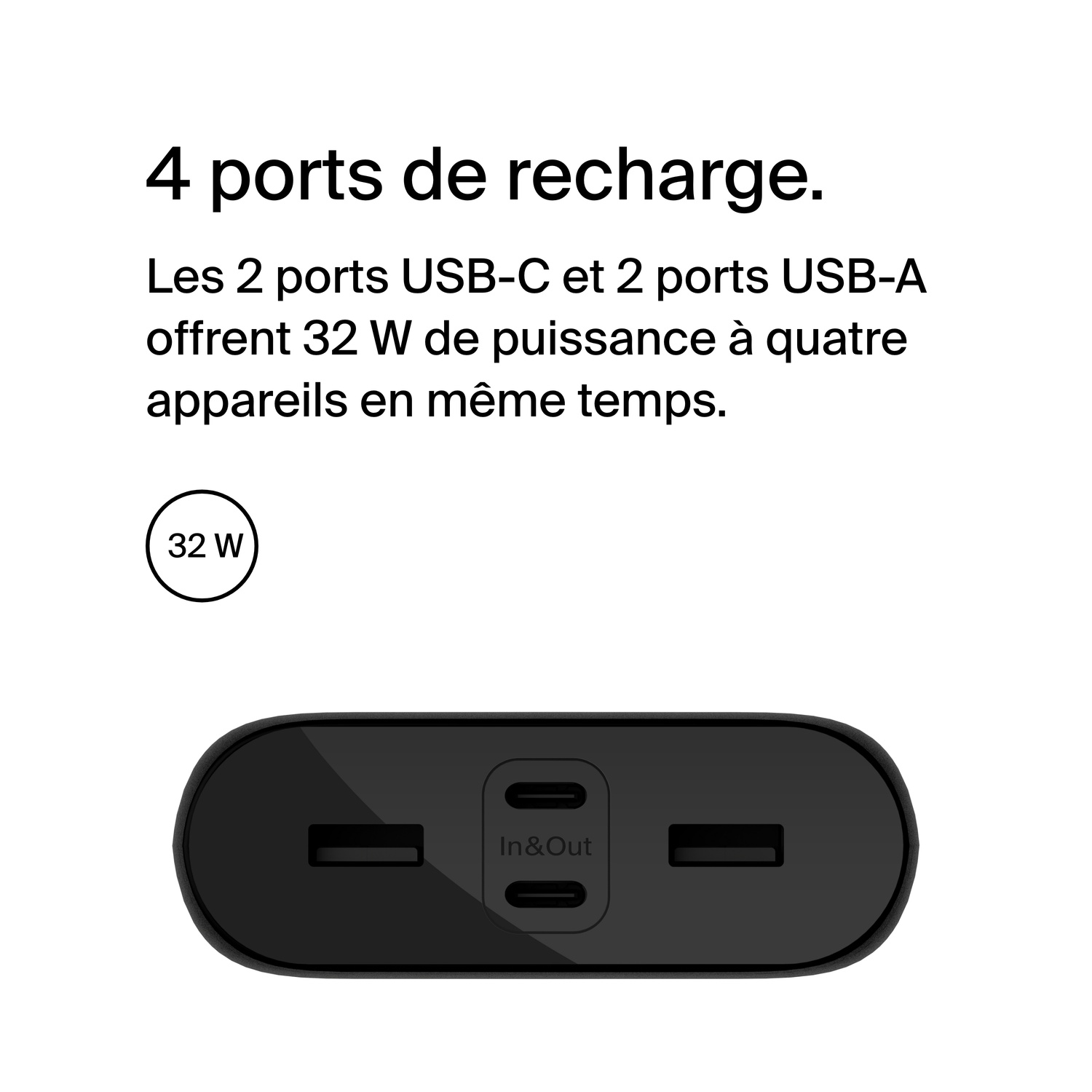 Une batterie externe noire avec quatre ports de charge, avec les ports étiquetés 'In & Out'.