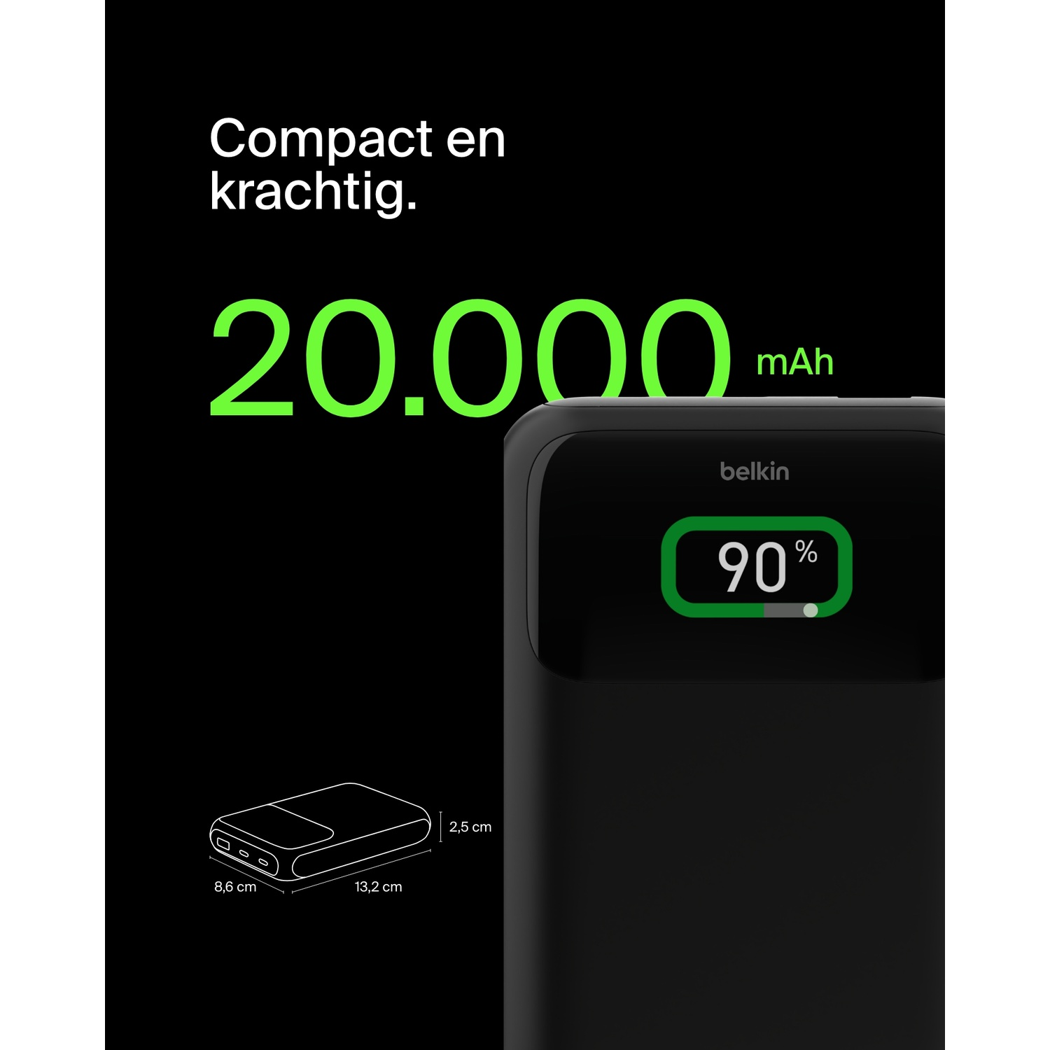 Black Belkin power bank showing 90% charge with dimensions and 20,000 mAh text.