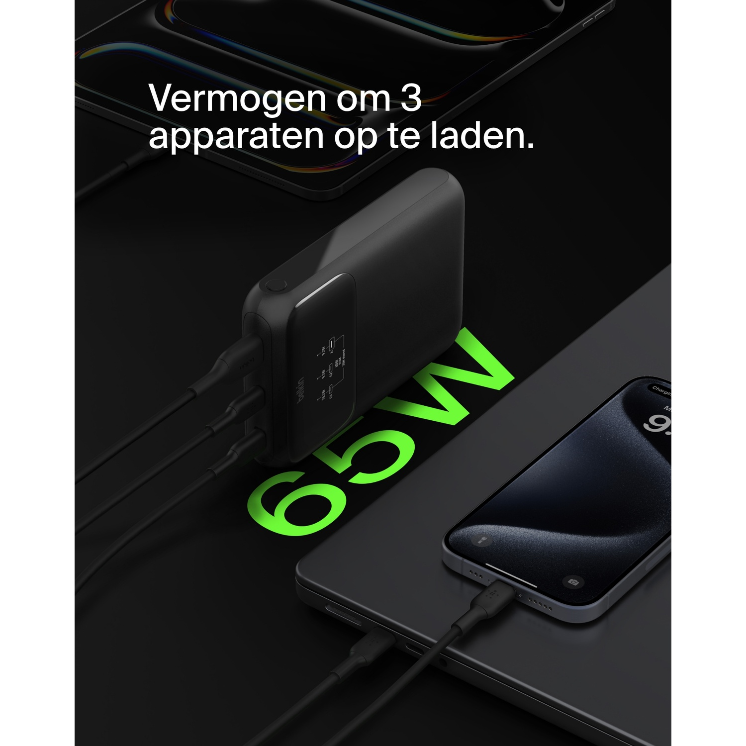 A black power bank is charging.