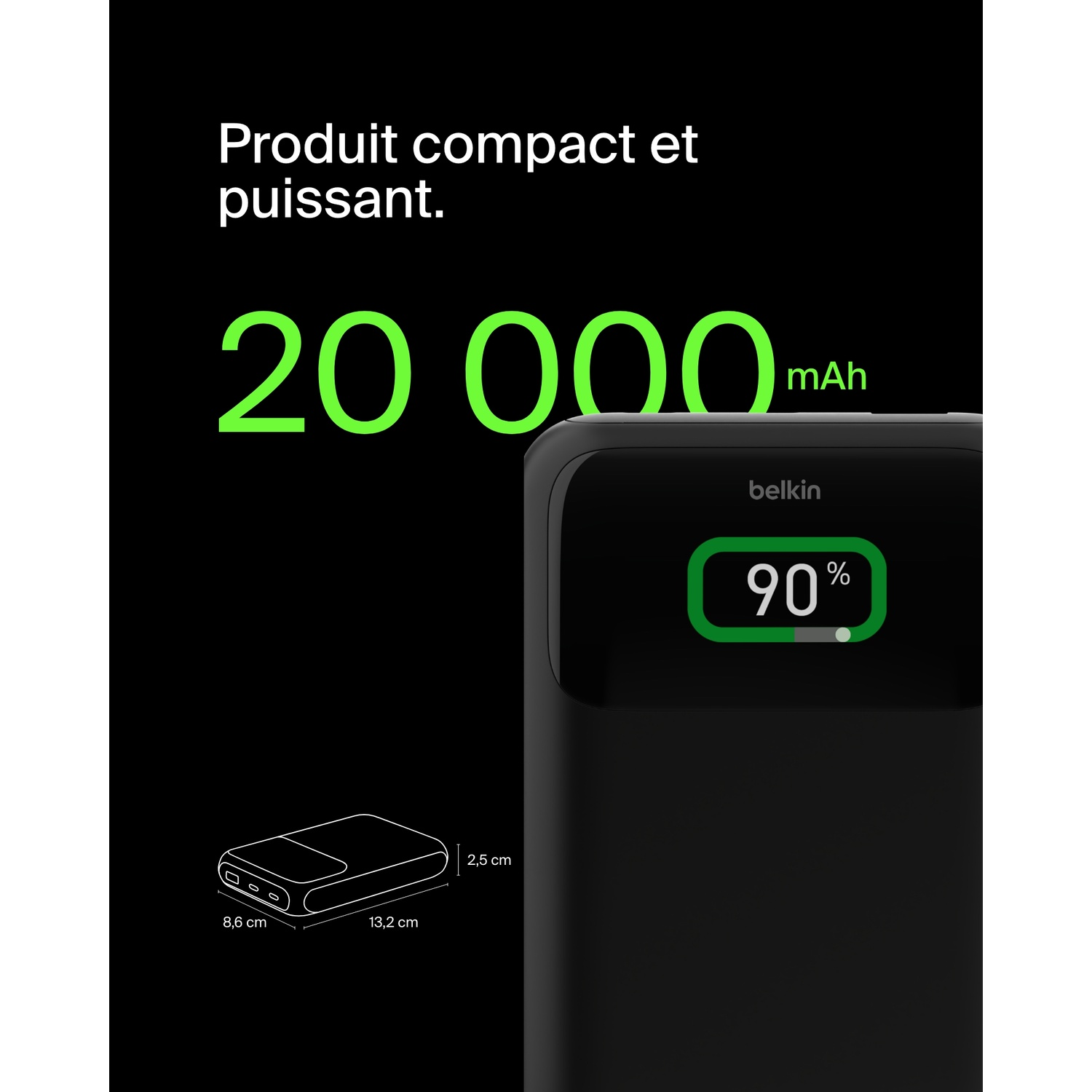 Batterie externe noire Belkin affichant 90% de charge, dimensions et capacité de 20 000 mAh sur fond noir.