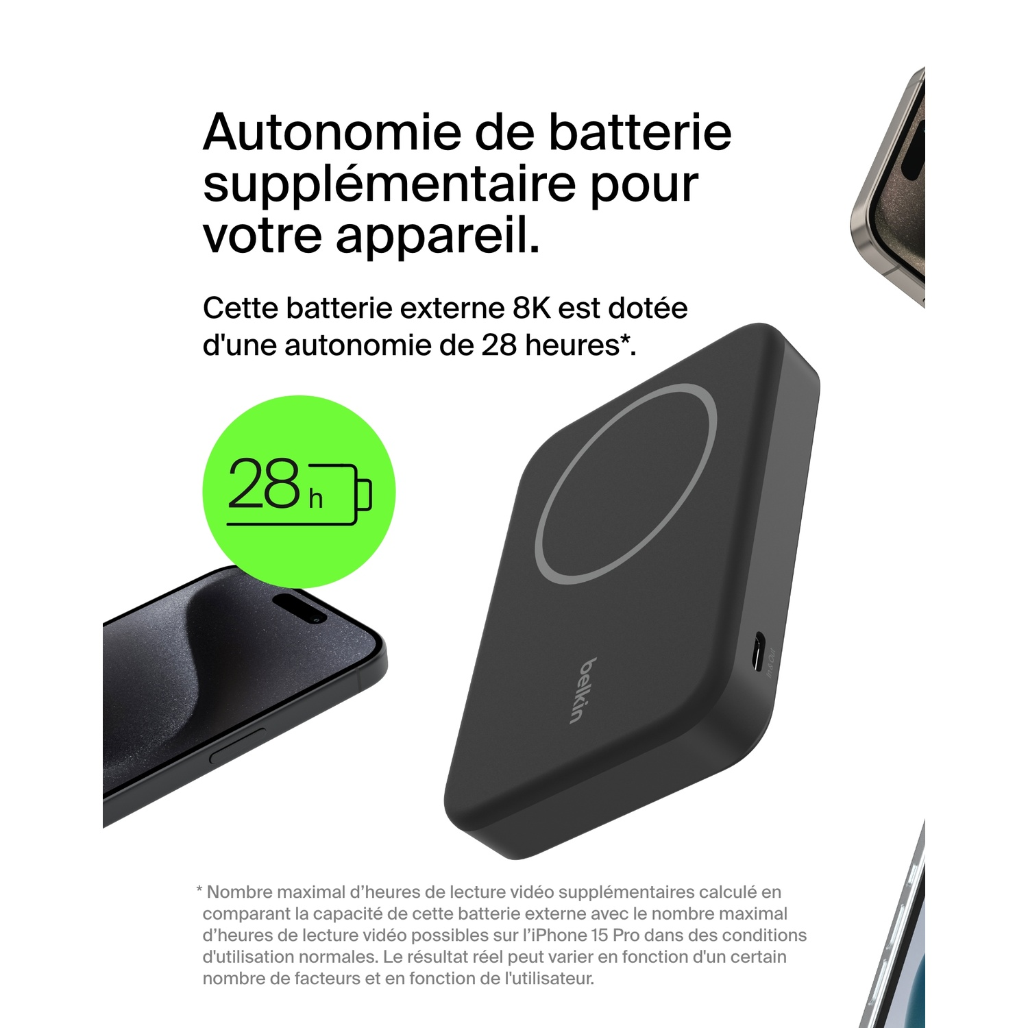 Chargeur sans fil noir avec un téléphone. Texte et graphiques sur l'autonomie supplémentaire de la batterie.