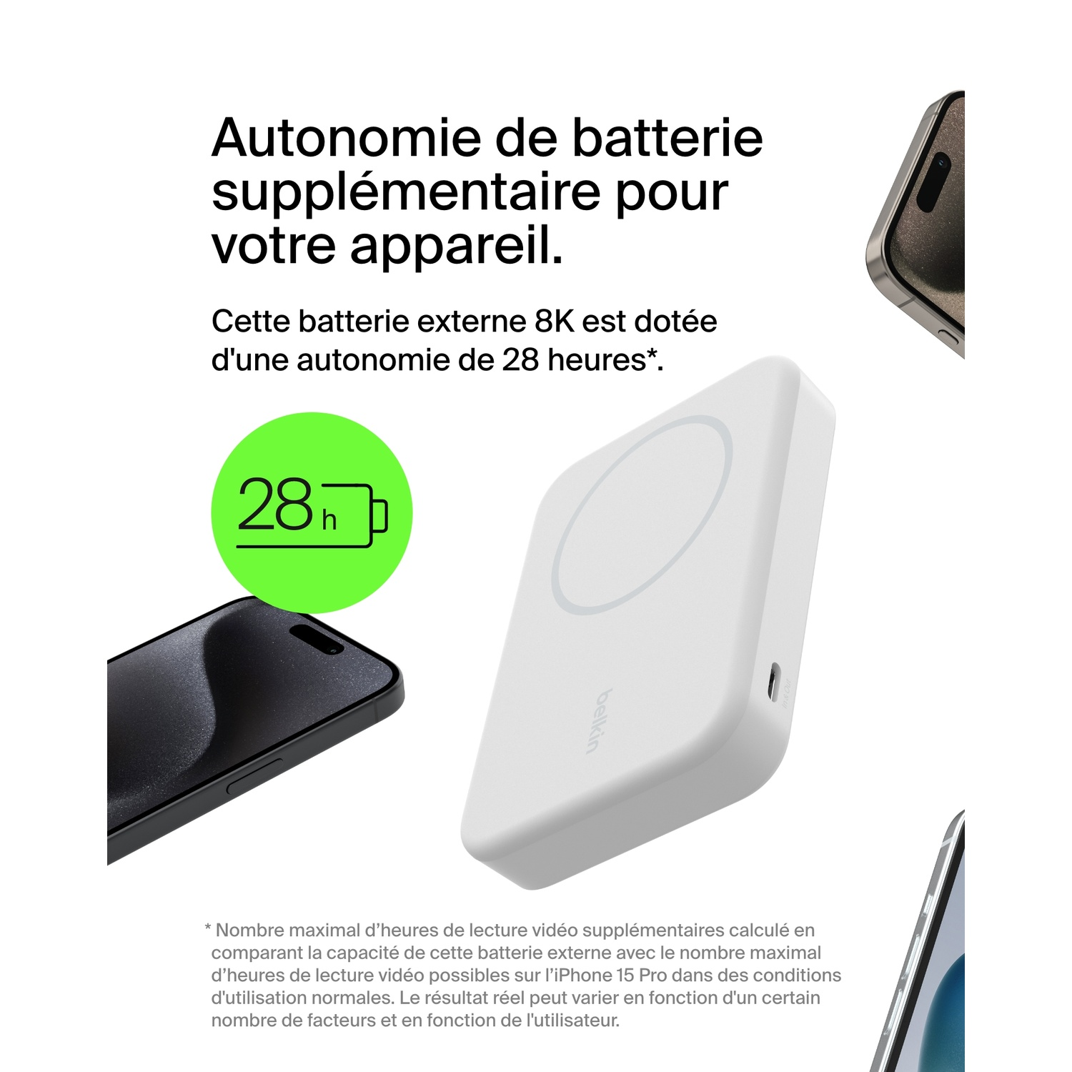 Une batterie externe blanche avec un téléphone et du texte sur l'autonomie et les heures de lecture.