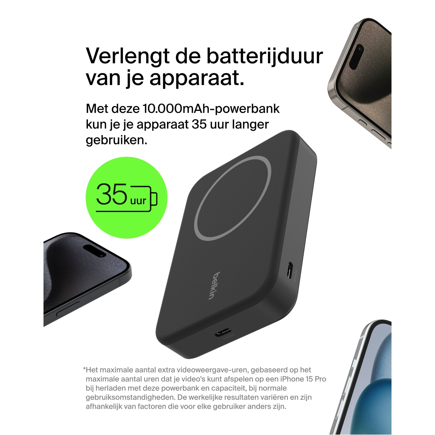 Een zwarte powerbank met een telefoon. De tekst vermeldt het verlengen van de batterijduur van het apparaat met 35 uur.
