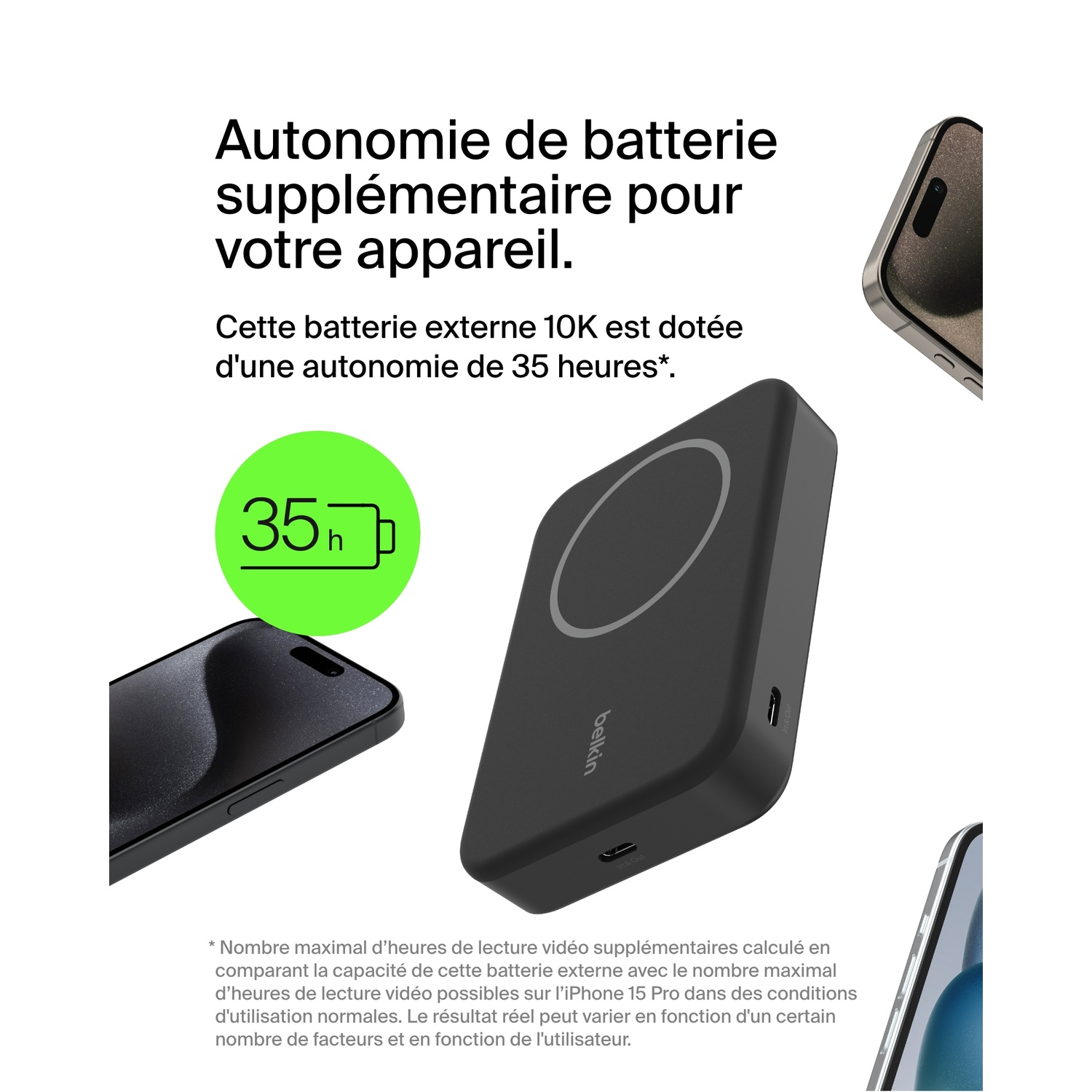 Une batterie externe avec un téléphone et d'autres appareils. Texte sur l'autonomie.