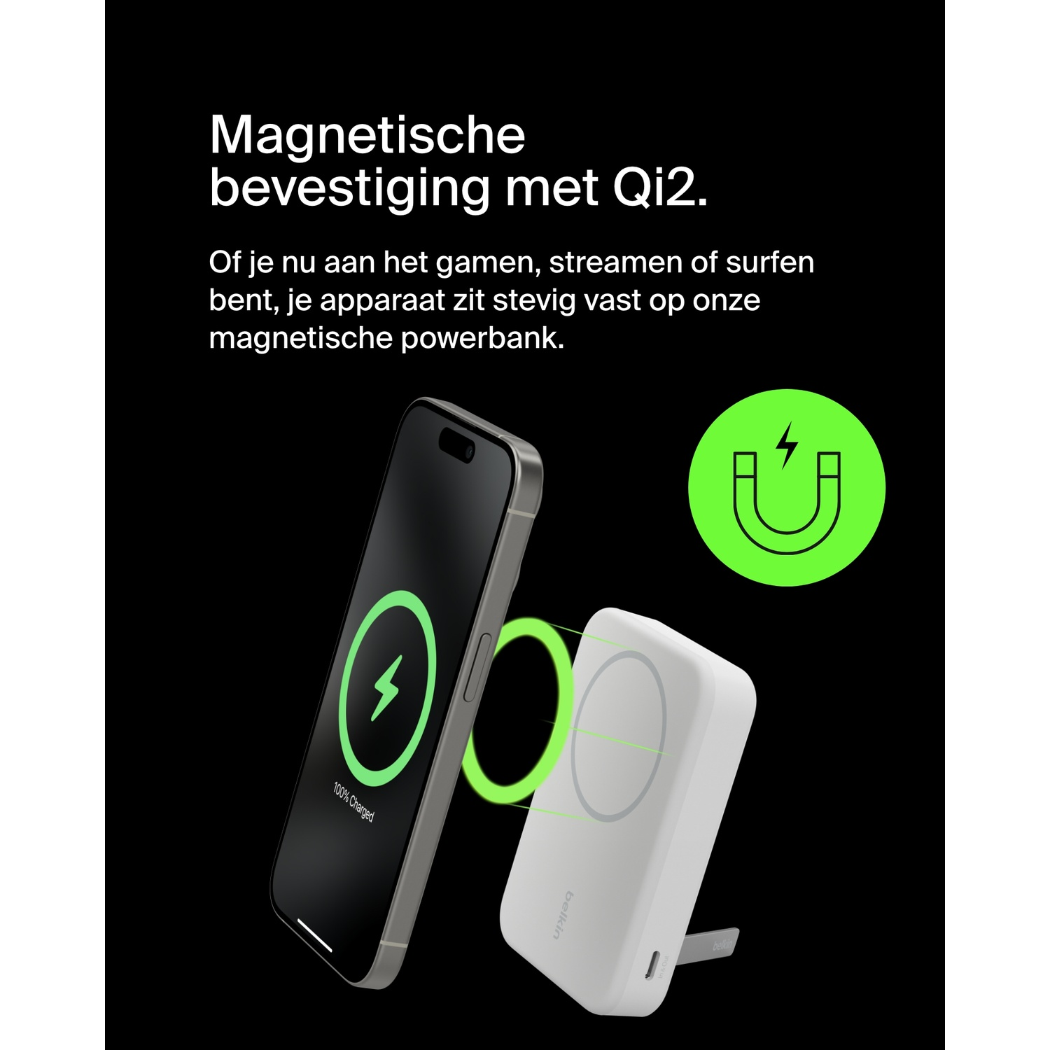 iPhone charging on a white wireless charger. A green lightning bolt graphic is visible.