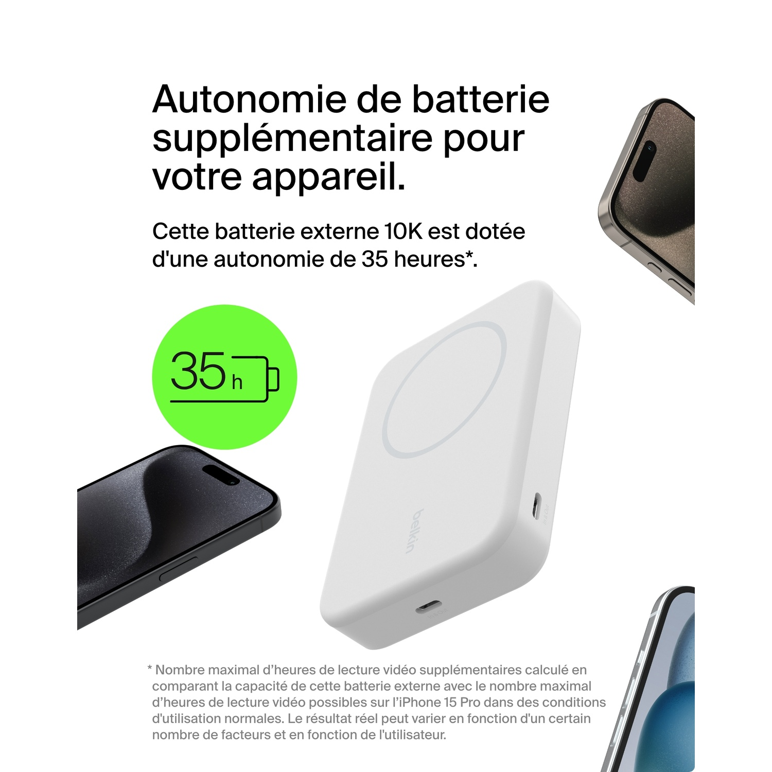 Batterie externe blanche avec un téléphone. Texte en français. Cercle vert avec 35h.