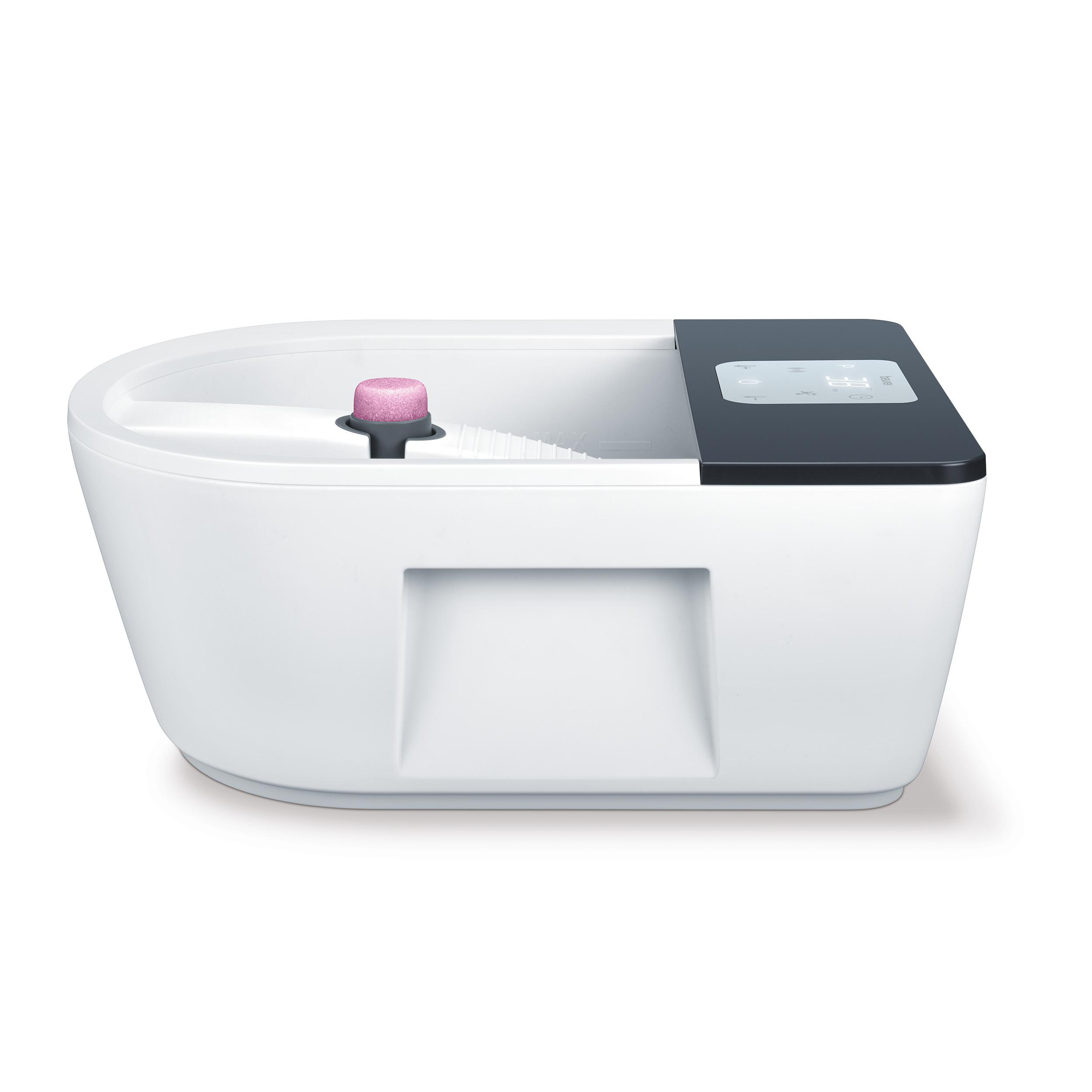 Weiße Nagel-Spa-Maschine mit schwarzem Bedienfeld. Ein rosa Schleifwerkzeug ist sichtbar.