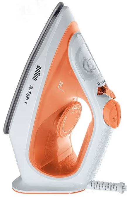 Pomarańczowe i białe żelazko, widok z góry. Żelazko ma pokrętło i przyciski. Tło jest białe.