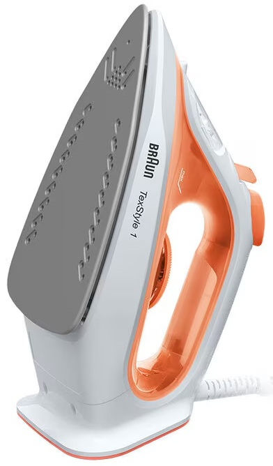 Pomarańczowe i białe żelazko, widok z góry. Żelazko ma pokrętło i przyciski. Tło jest białe.