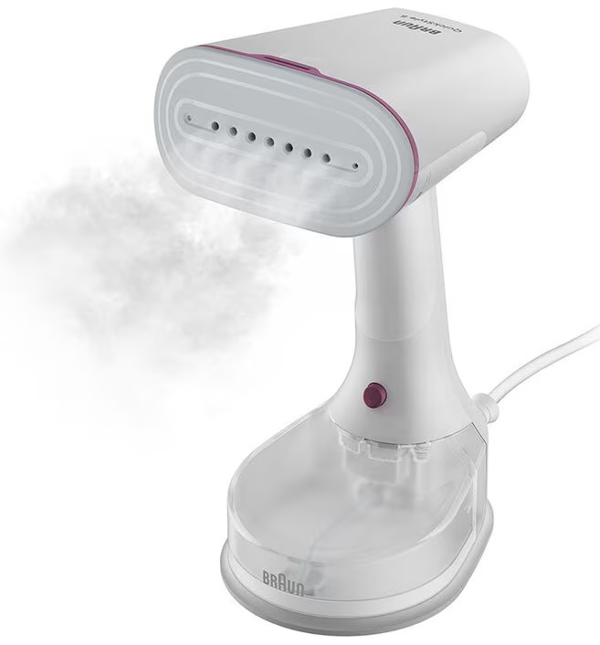 Biało-różowa ręczna parownica do ubrań z parą.