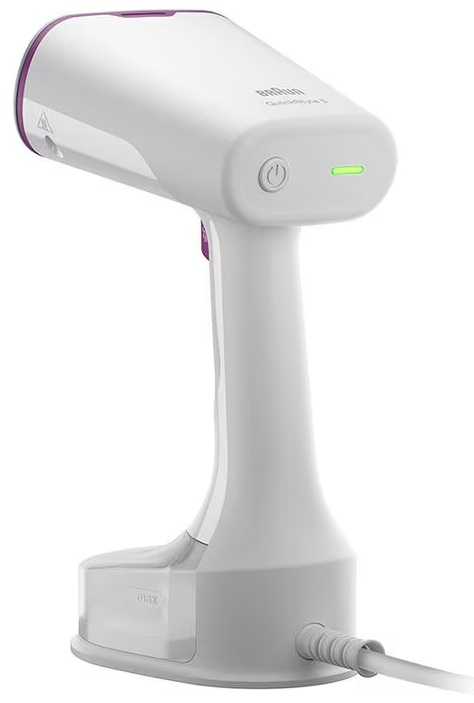 Biała parownica ręczna z fioletowym akcentem, przyciskiem zasilania i wskaźnikiem poziomu wody.