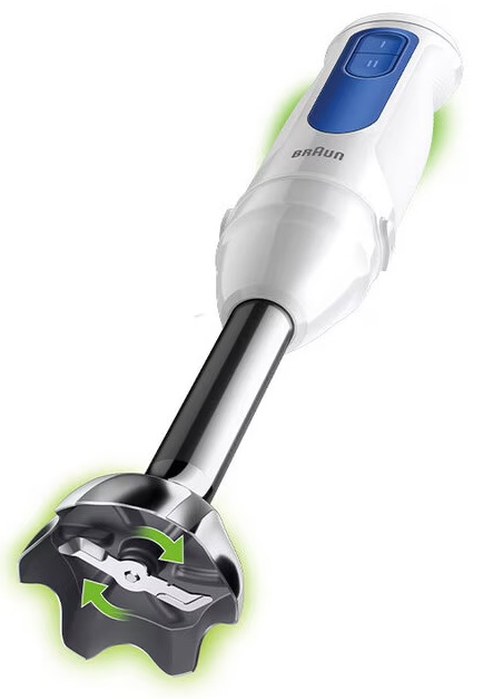 Biały blender ręczny z białym korpusem i niebieskim przyciskiem. Ostrze jest srebrne, a blender znajduje się na białym tle.