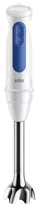 Biały blender ręczny z niebieskimi przyciskami i srebrną głowicą mieszającą.