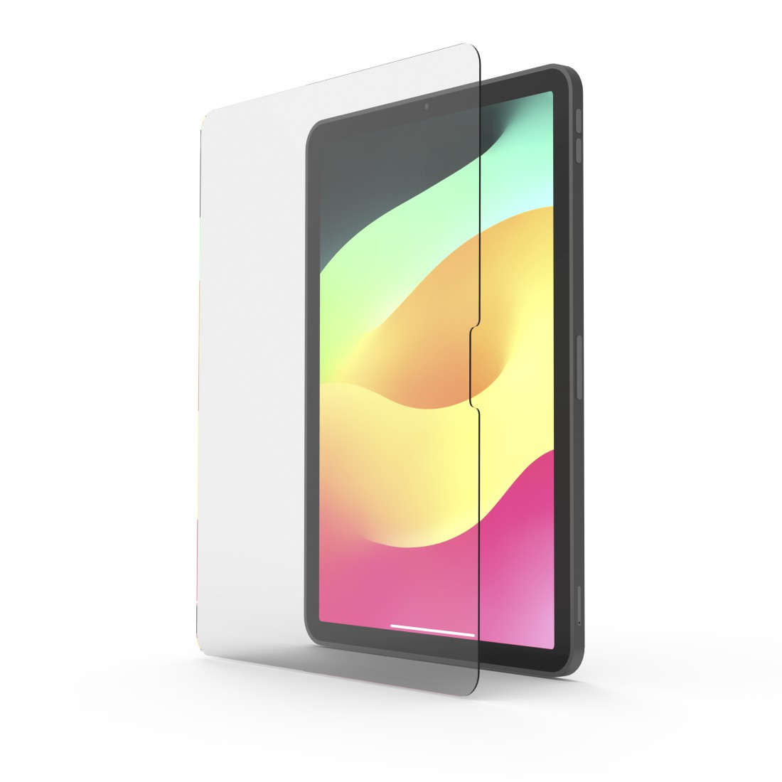 Tablet-Bildschirm mit Displayschutzfolie und farbenfrohem Hintergrund.