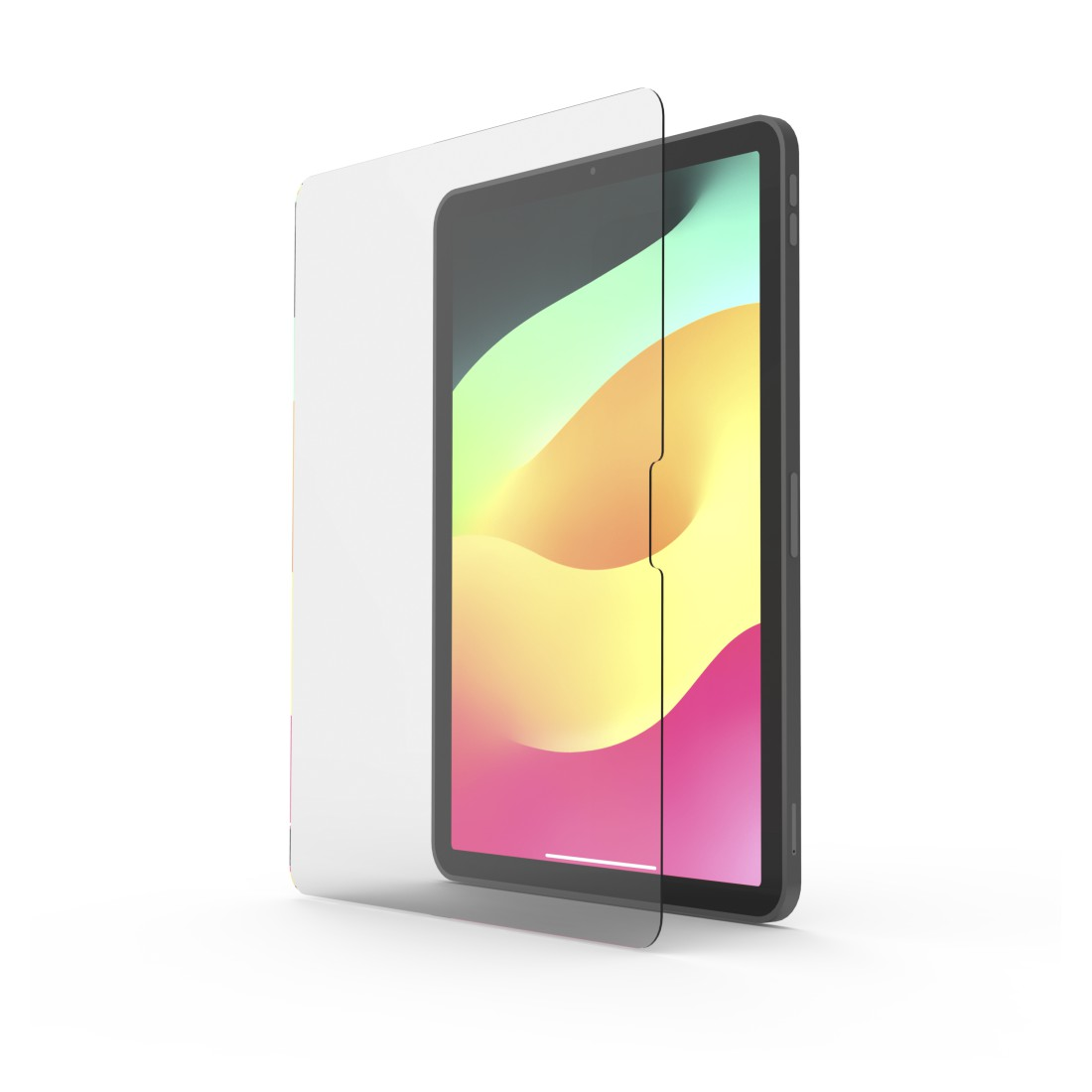 Ein Tablet, auf das eine Displayschutzfolie aufgebracht wird. Der Bildschirm zeigt bunte Formen.