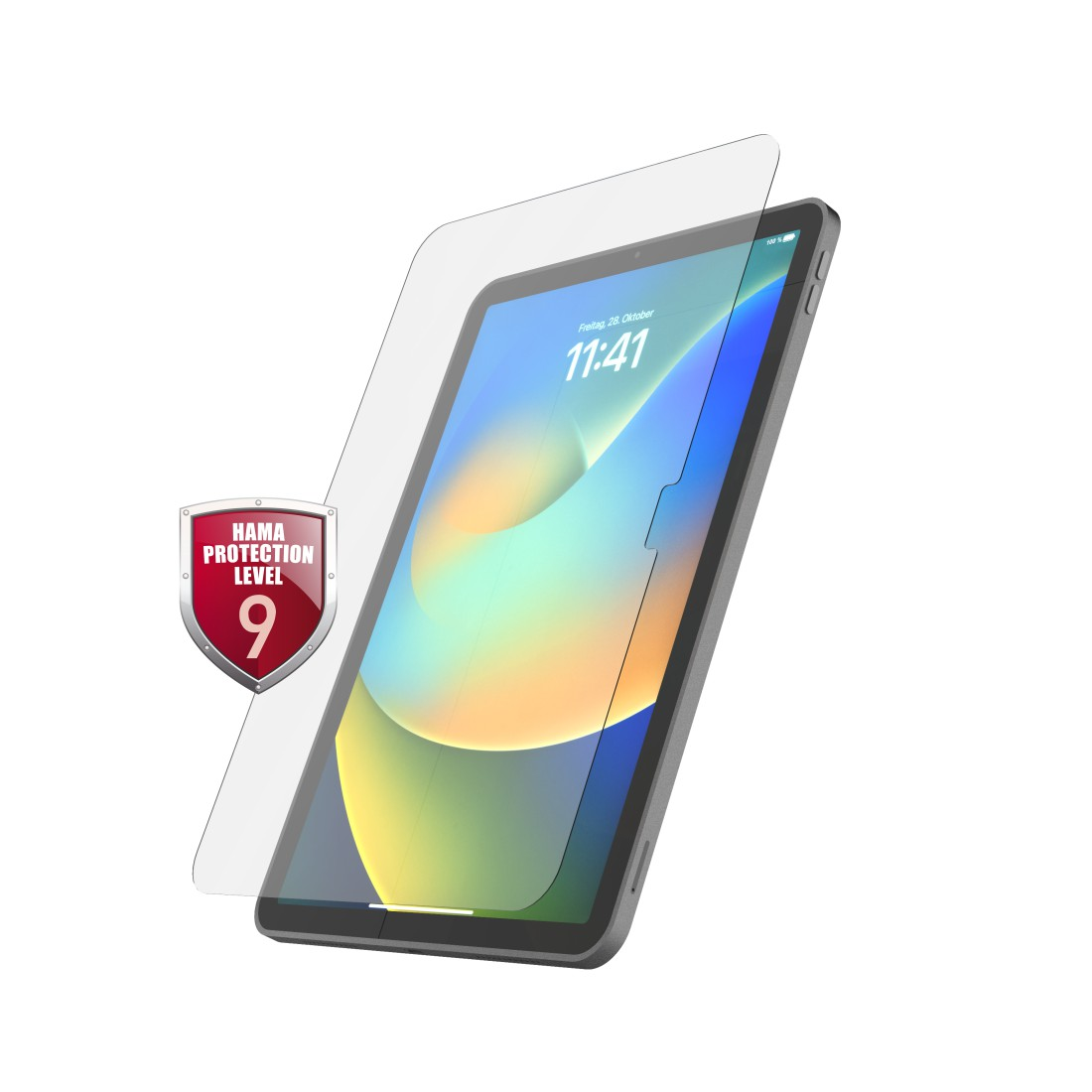 Tablet mit Displayschutzfolie. Die Folie ist klar. Weißer Hintergrund.