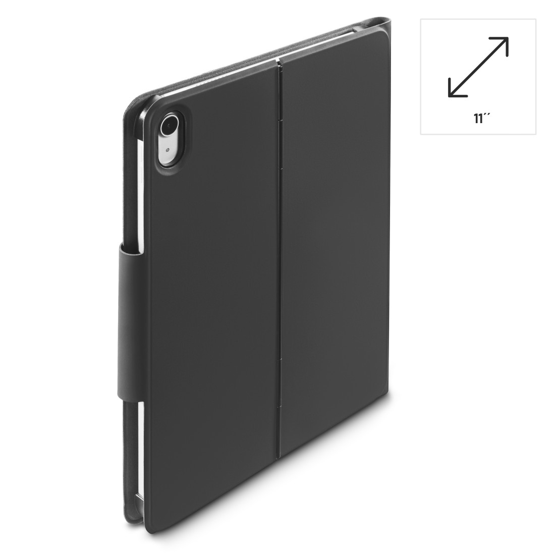 Eine schwarze iPad-Hülle ist aufgeklappt. Eine 11" Größe wird durch ein Symbol angezeigt.