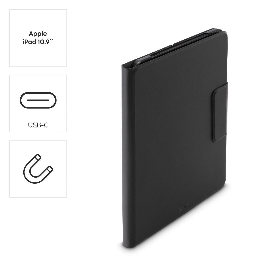Schwarze Tablet-Hülle mit geschlossenem Deckel und Magnet an der Seite.