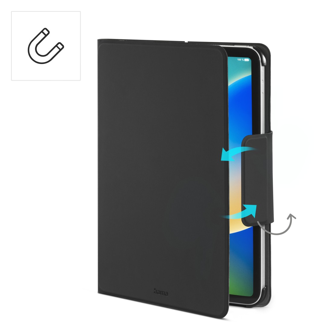 Eine schwarze iPad-Hülle mit Magnetverschluss, mit Pfeilen, die das Öffnen anzeigen.