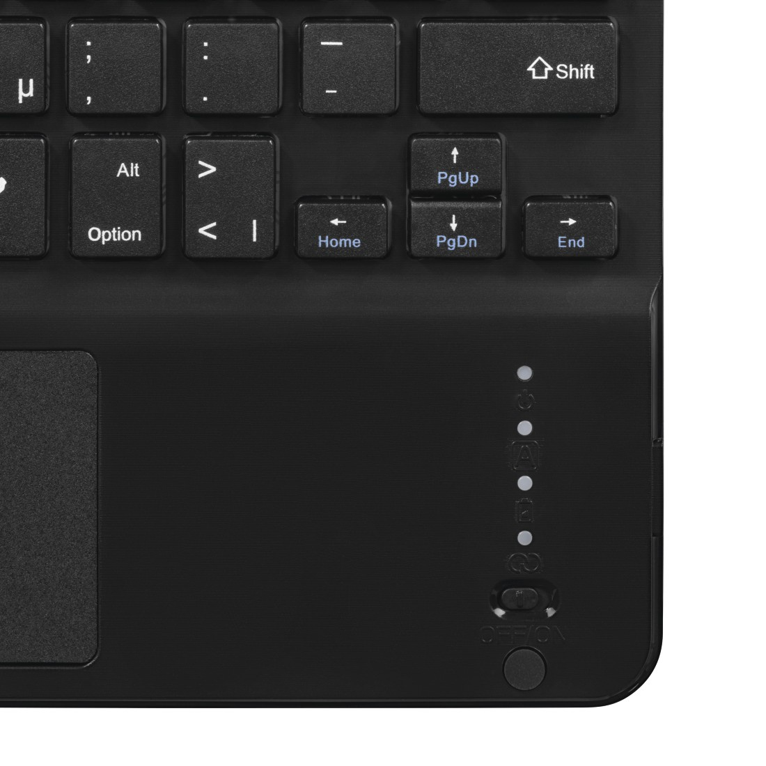 Schwarze Tastatur mit Touchpad, Tasten und Kontrollleuchten, weißer Hintergrund.